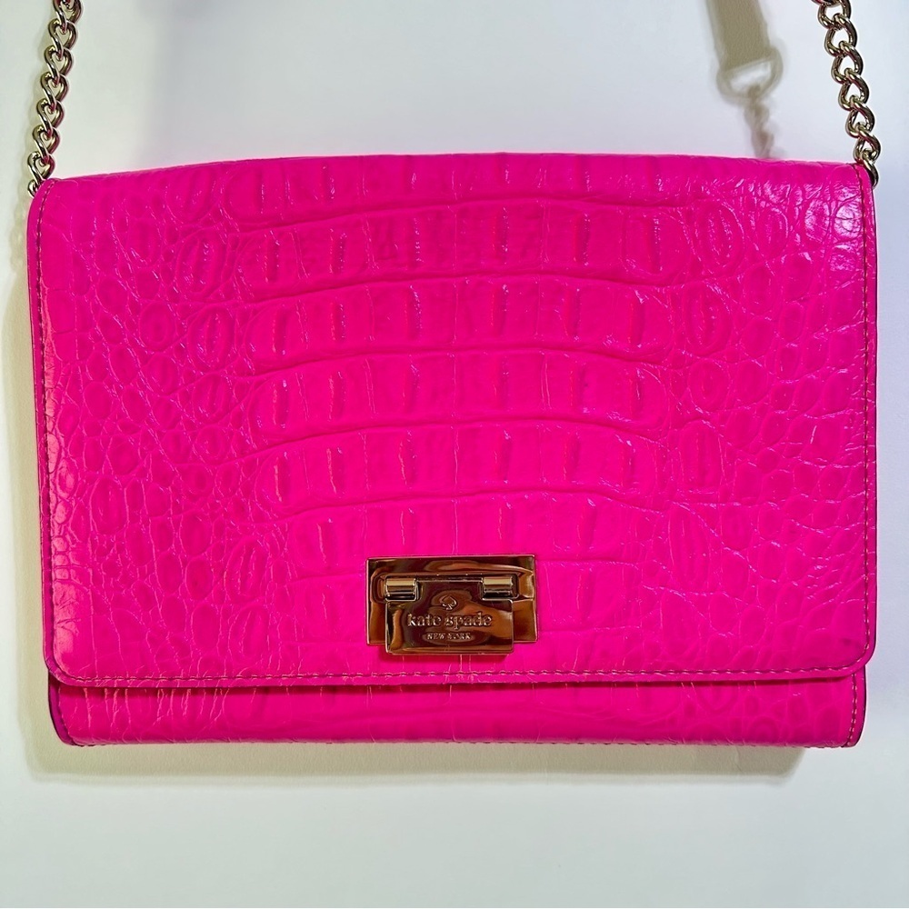 Kate Spade Fiona Orchard Valley neon pink croc embossed leather crossbody bag - Picture 4 of 14